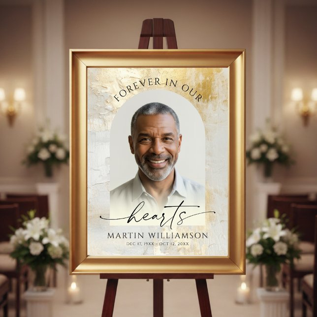Elegant Forever Hearts Photo Script Gold Funeral Poster (Creator Uploaded)