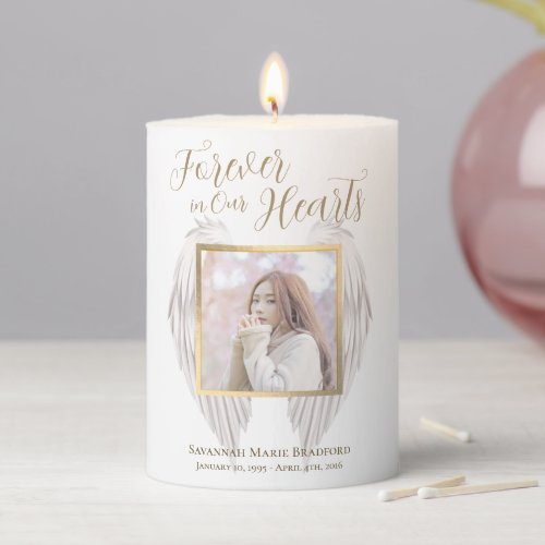 Elegant Forever in Our Hearts Angel Wings Photo Pillar Candle