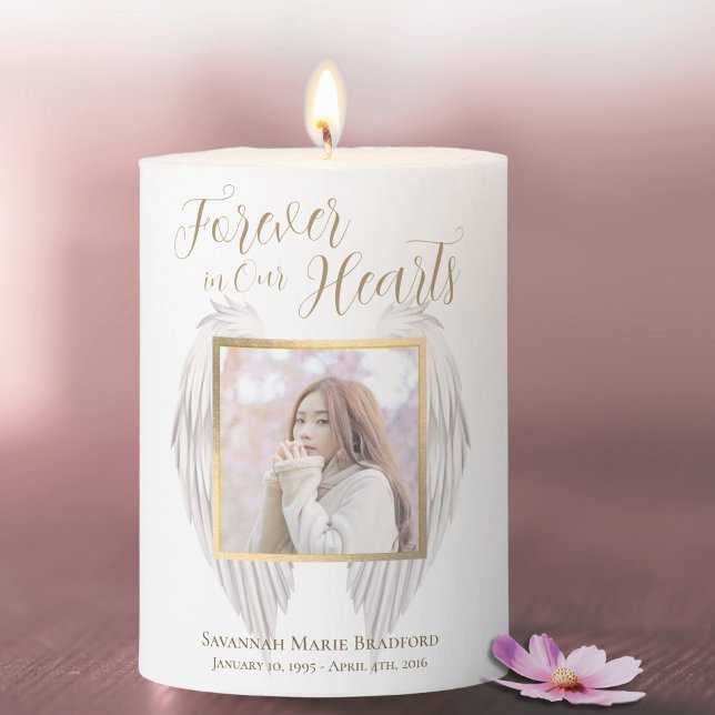 Elegant Forever in Our Hearts Angel Wings Photo Pillar Candle (Creator Uploaded)