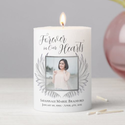 Elegant Forever in Our Hearts Angel Wings Photo Pillar Candle