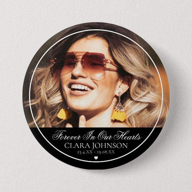 Elegant Forever in Our Hearts Memorial Photo Button (Front)