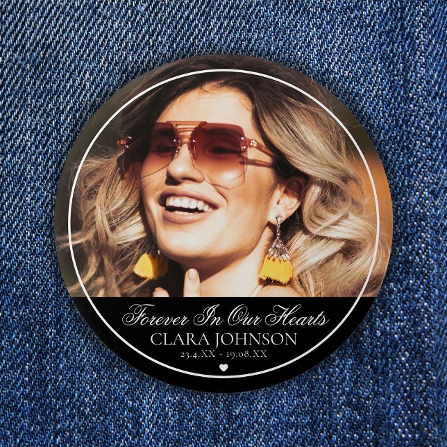 Elegant Forever in Our Hearts Memorial Photo Button (Creator Uploaded)