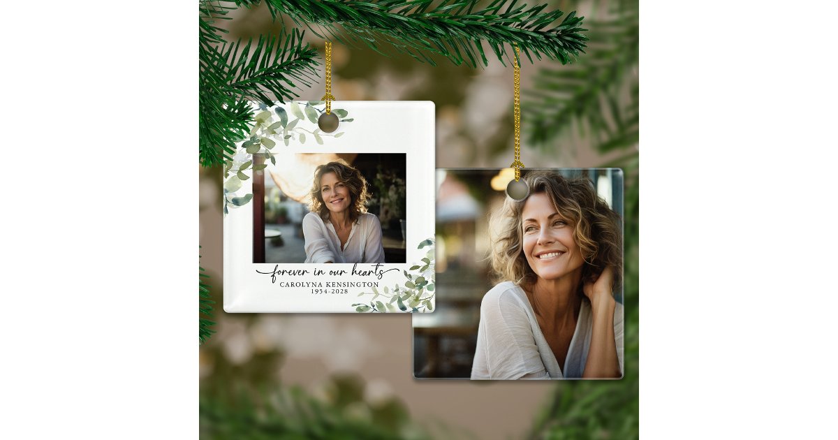 Elegant Forever in Our Hearts Memorial Photo Ceramic Ornament | Zazzle