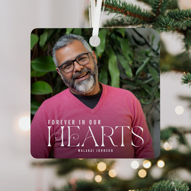 Elegant Forever in our Hearts Photo Keepsake Metal Ornament (Creator Uploaded)