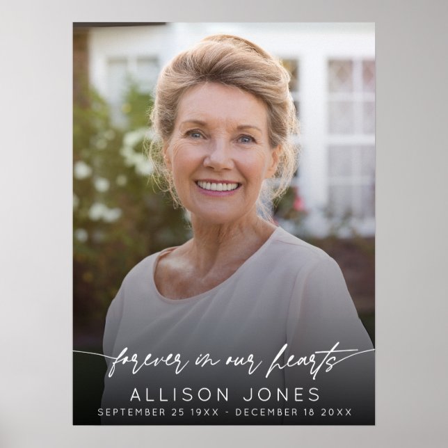 Elegant Forever In Our Hearts Script Photo Funeral Poster (Front)