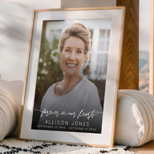 Elegant Forever In Our Hearts Script Photo Funeral Poster