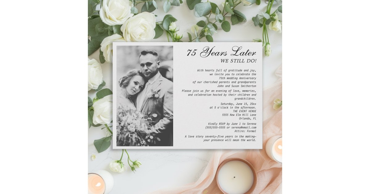 Elegant Formal 75th Anniversary Wedding Photo Invitation | Zazzle