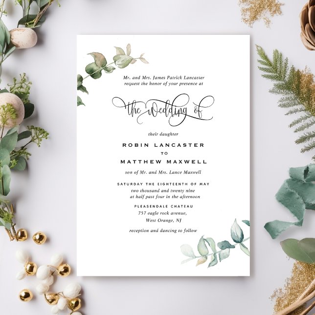 Elegant Formal, and Minimal, Greenery Wedding Invitation (Creator Uploaded)