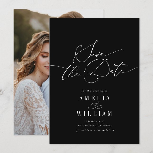 elegant formal black and white wedding save the date (Front/Back)