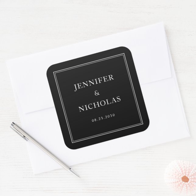 Elegant Formal Black And White Wedding Square Sticker (Envelope)