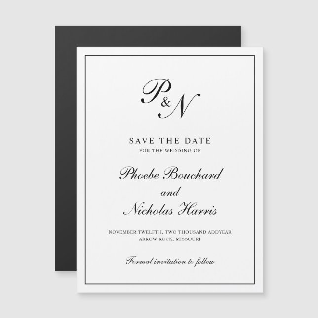 Elegant Formal Black White Monogram Save the Date Magnetic Invitation (Front/Back)