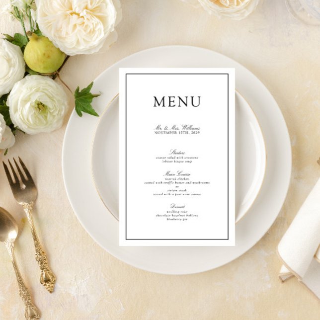 Elegant Formal Black & White Script Wedding Menu (Create a wedding menu to match your invitation suite with this easy to personalize design)