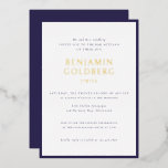 Elegant Formal Blue Frame Bar Bat Mitzvah Gold Foil Invitation<br><div class="desc">Elegant Formal Blue Frame Bar Bat Mitzvah Gold Foil Invitation Template</div>