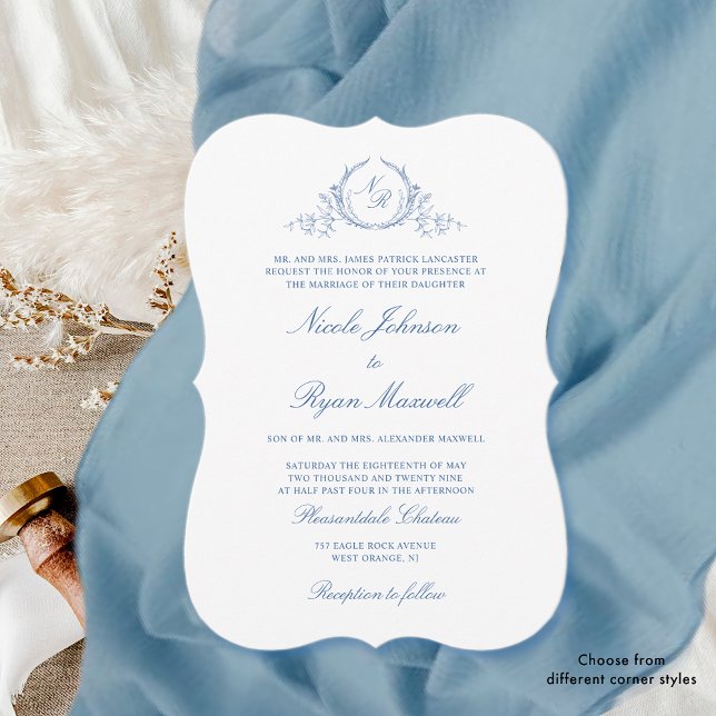 Elegant Formal Blue Monogram Wedding Invitation (Creator Uploaded)