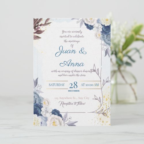 Elegant Formal Blue  White Floral Invitation