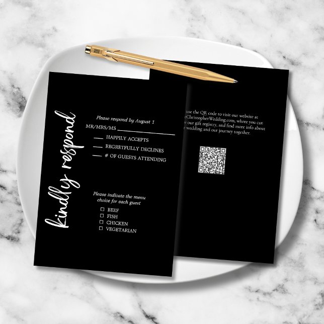 Elegant Formal Bold Script Black White Wedding RSVP Card (Elegant Bold Script Black White Formal Wedding RSVP Response Card, menu choices, QR code for website)