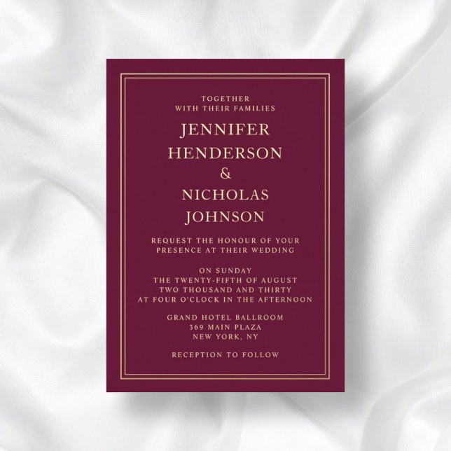 Elegant Formal Burgundy Wedding Gold  Foil Invitation (Front / Elegant Formal Burgundy Wedding Gold Foil Invitation)