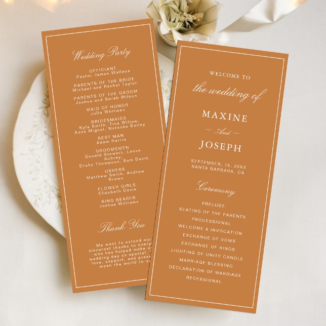 Elegant Formal Burnt Orange Wedding Program (Elegant burnt orange wedding programs share your day’s details with refined style.)