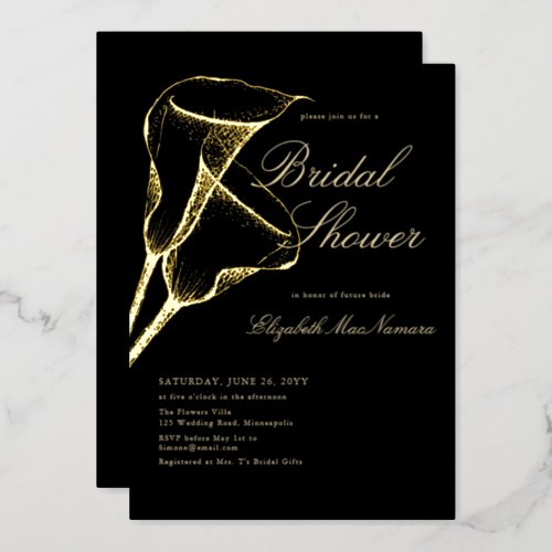 Elegant Formal Calla Gold Black Bridal Shower Foil Invitation