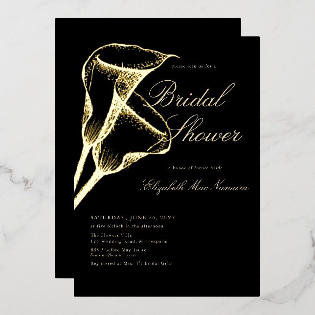 Elegant Formal Calla Gold Black Bridal Shower Foil Invitation (Front/Back)