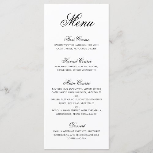 Elegant Formal Calligraphy Black and White Wedding Menu