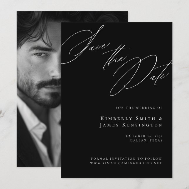 Elegant Formal Calligraphy Black Photo Wedding Save The Date (Front/Back)