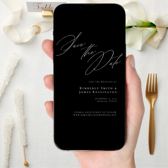 Elegant Formal Calligraphy Black Photo Wedding Save The Date (Front Digital)