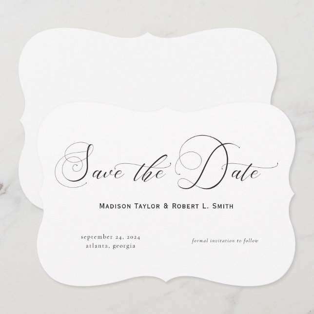 Elegant Formal Calligraphy Black White Wedding Save The Date (Front/Back)