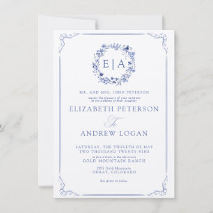 Elegant Formal Calligraphy Floral Wreath Wedding Invitation