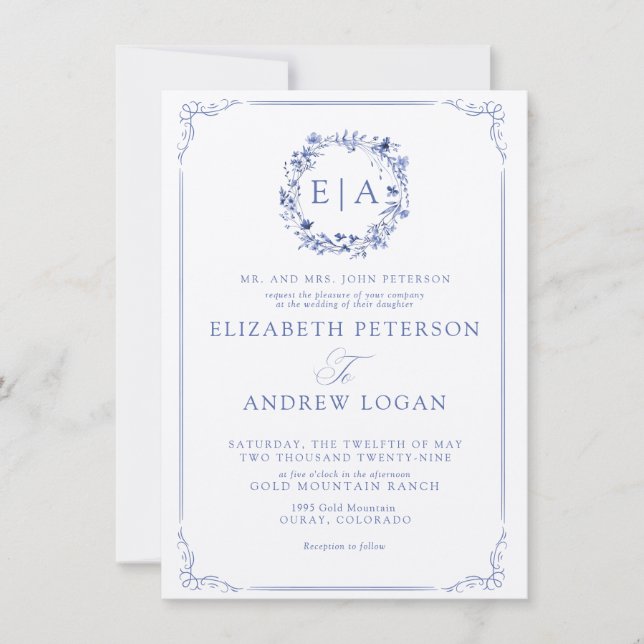 Elegant Formal Calligraphy Floral Wreath Wedding Invitation (Front)