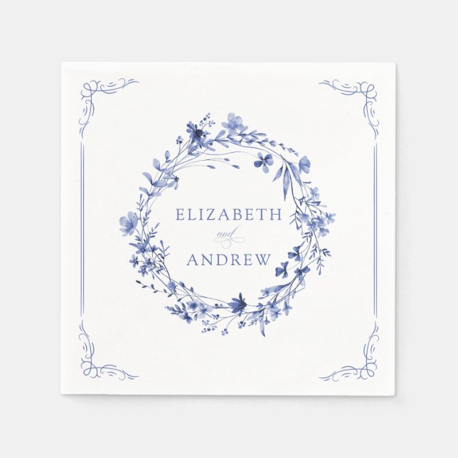 Elegant Formal Calligraphy Floral Wreath Wedding  Napkins (Front)