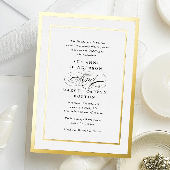 Elegant Formal Calligraphy Foil Gold Frame Wedding Invitation (Creator Uploaded)