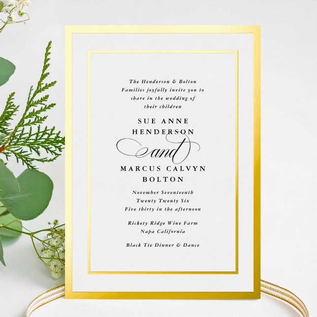 Elegant Formal Calligraphy Gold Frame Wedding Foil Invitation (Creator Uploaded)