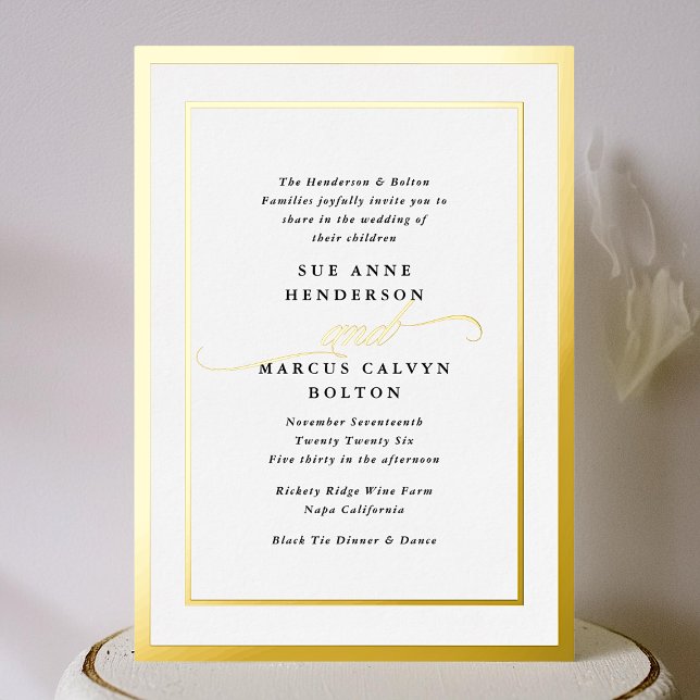 Elegant Formal Calligraphy Gold Frame Wedding Foil Invitation (Creator Uploaded)