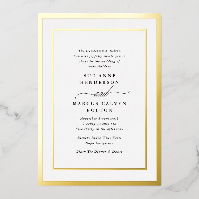 Elegant Formal Calligraphy Gold Frame Wedding Foil Invitation (Front)