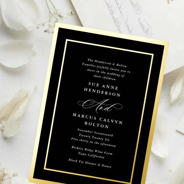 Elegant Formal Calligraphy Onyx Gold Frame Wedding Foil Invitation (Creator Uploaded)