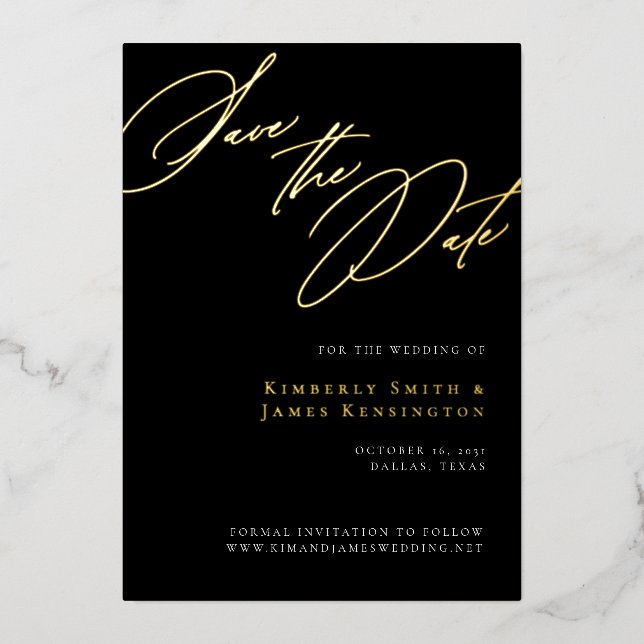 Elegant Formal Calligraphy Wedding Save the Date Foil Invitation (Front)
