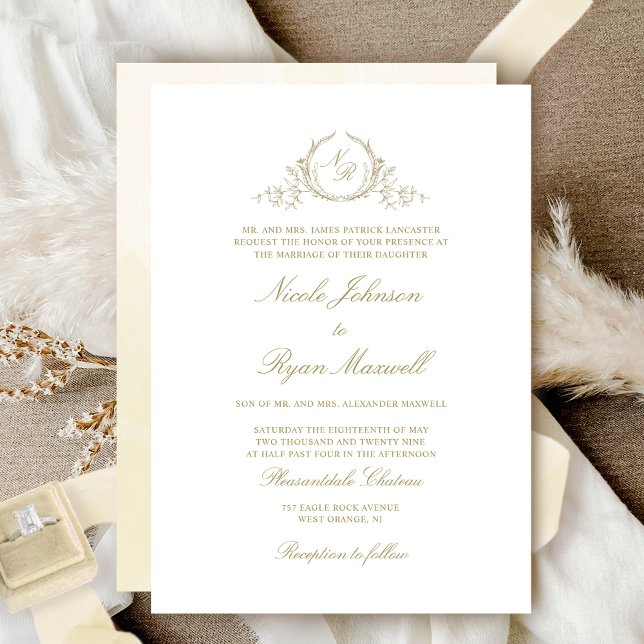 Elegant Formal Champagne Monogram Wedding Invitation (Creator Uploaded)