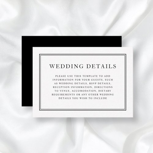 Elegant Formal Classic Black White Wedding Details Enclosure Card