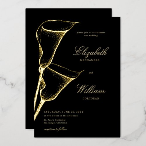 Elegant Formal Classic Calla Lilly BW Wedding Gold Foil Invitation