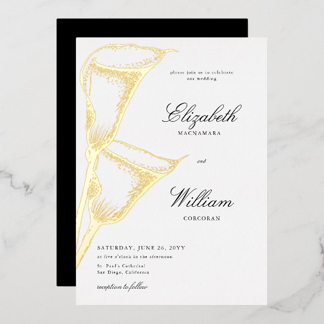 Elegant Formal Classic Calla Lilly Gold Wedding Foil Invitation (Front/Back)