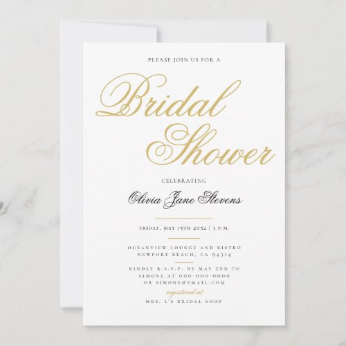 Elegant Formal Classic Gold Script Bridal Shower Invitation