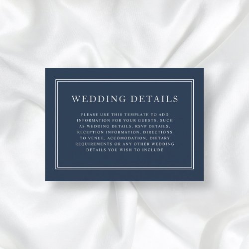 Elegant Formal Classic Navy Blue Wedding Details Enclosure Card