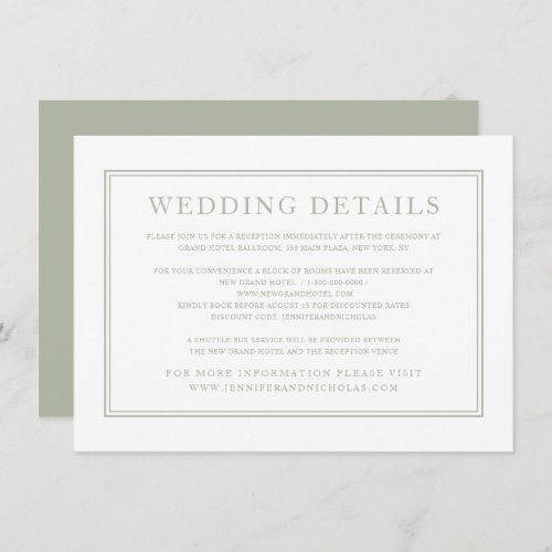 Elegant Formal Classic Sage Green Wedding Details Enclosure Card