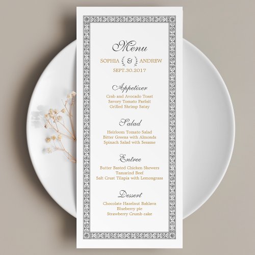 Elegant formal classic vintage wedding menu card