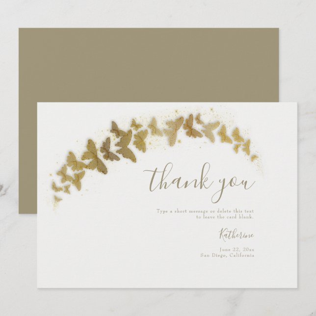 Elegant Formal Classy Gold Butterflies Boho Bridal Thank You Card (Front/Back)