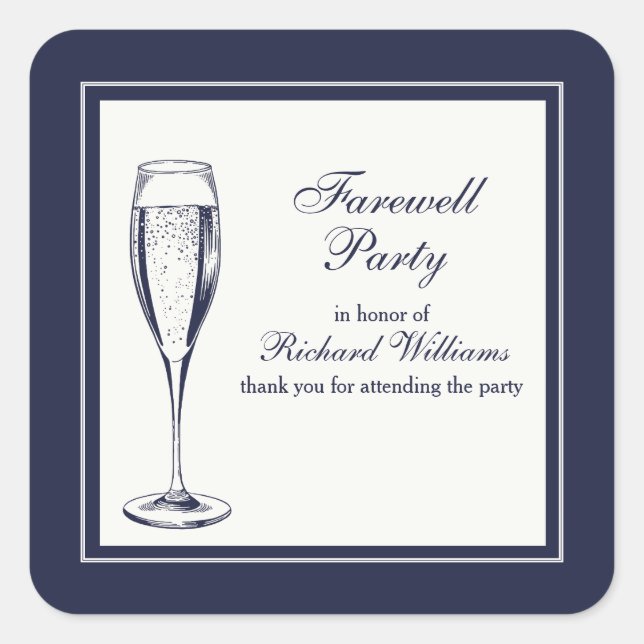 Elegant Formal Dark Bleu White Farewell Party Square Sticker (Front)