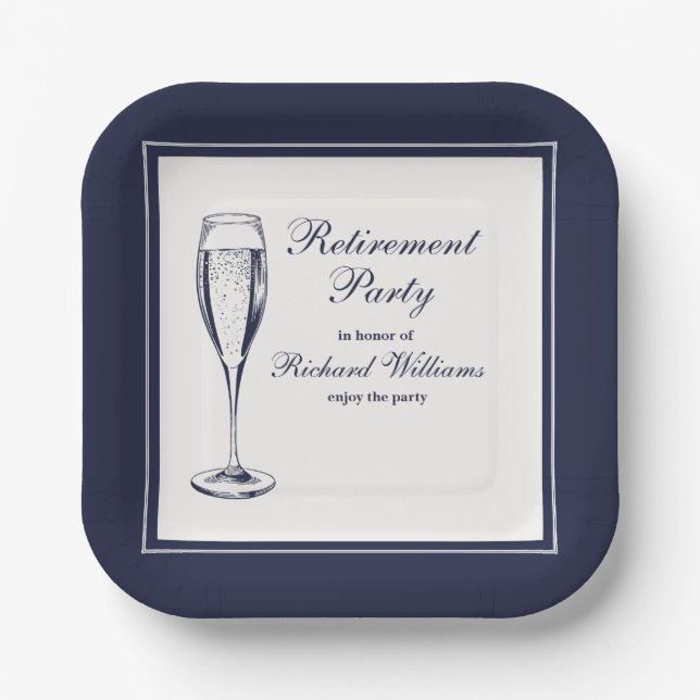 Elegant Formal Dark Bleu White Retirement  Paper Plates (Front)