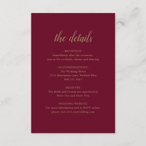 Elegant Formal Details Gold Burgundy Wedding Enclosure Card