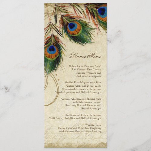 Elegant Formal Dinner Blue Peacock Feather Vintage Menu